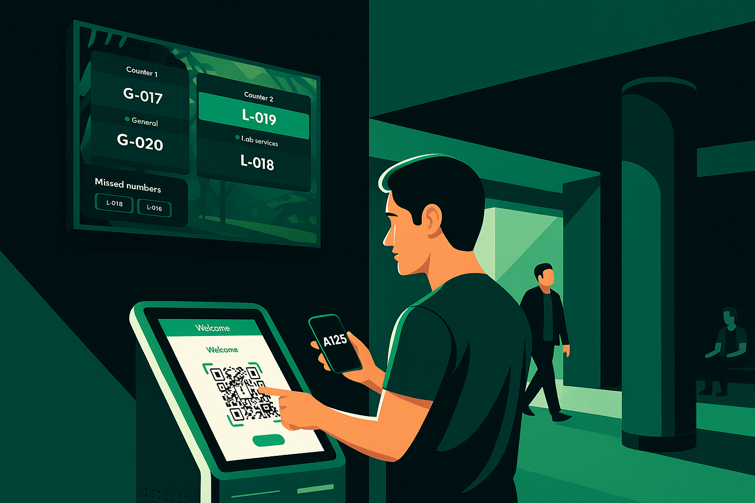 Queue management system with digital kiosk and neon lighting